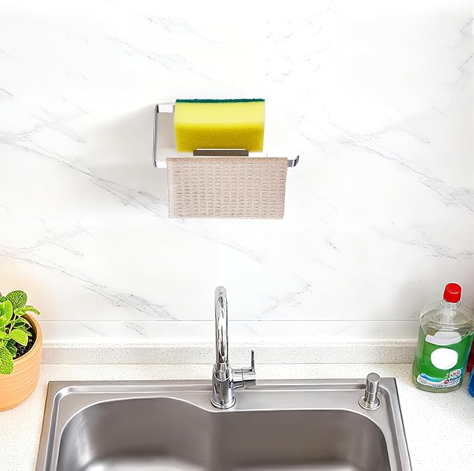 Sponge and Dish Cloth Holder for Kitchen Sink, 2 in 1 Adhesive Sink Dish Sponge - Image 2