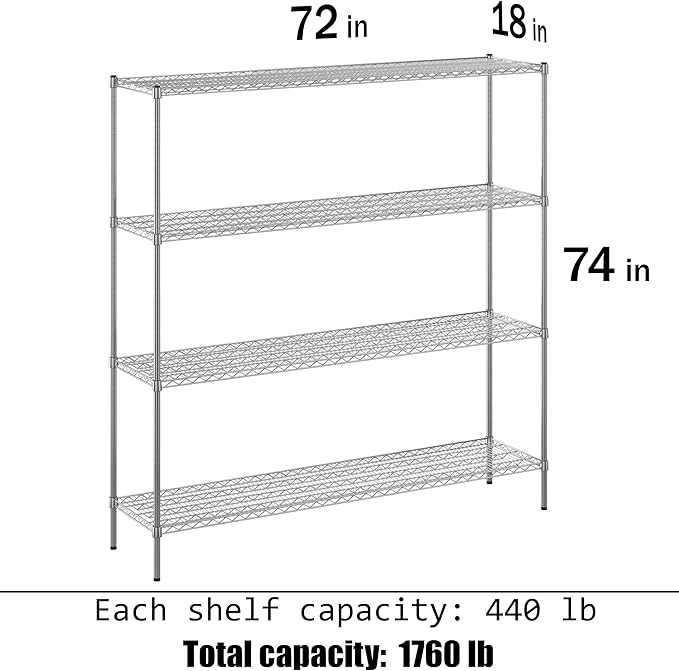 18" Deep x 72" Wide x 74" Height Wire Shelving Kit | 4-Tier | NSF Commercial - Image 3