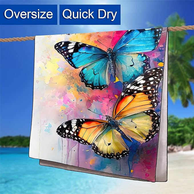 Artistic Watercolor Butterfly Beach Towel 36"x72" Quick-Dry Soft Microfiber - Image 6