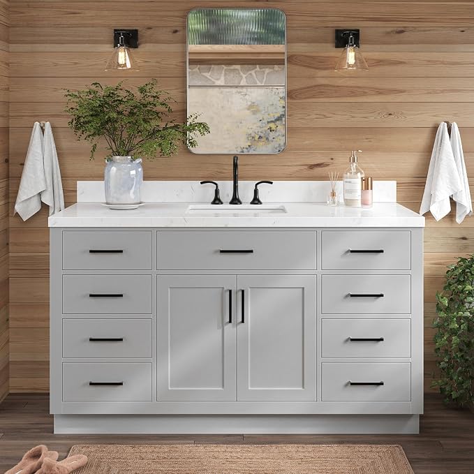 ARIEL Hepburn 60" Grey Bathroom Vanity, 1.5" Edge Carrara Quartz Countertop & - Image 3