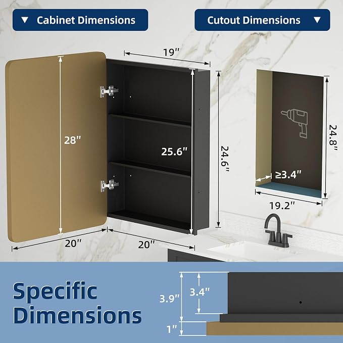 Medicine Cabinet 20 x 28 Inch, Brush Gold Bathroom Medicine Cabinet - Image 4