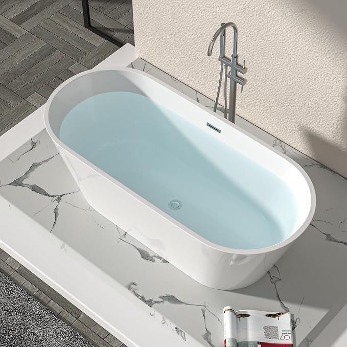 Logmey 67 Inch Freestanding Bathtub White Acrylic Oval Shape Soaking Tub - Image 6
