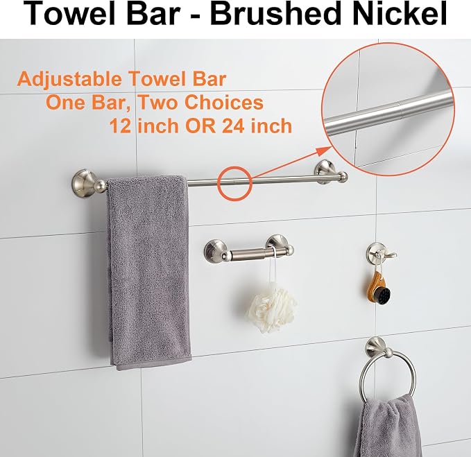 BGL Bathroom Accessory Set, Brushed Nickel Adjustable Expandable Towel Bar - Image 2