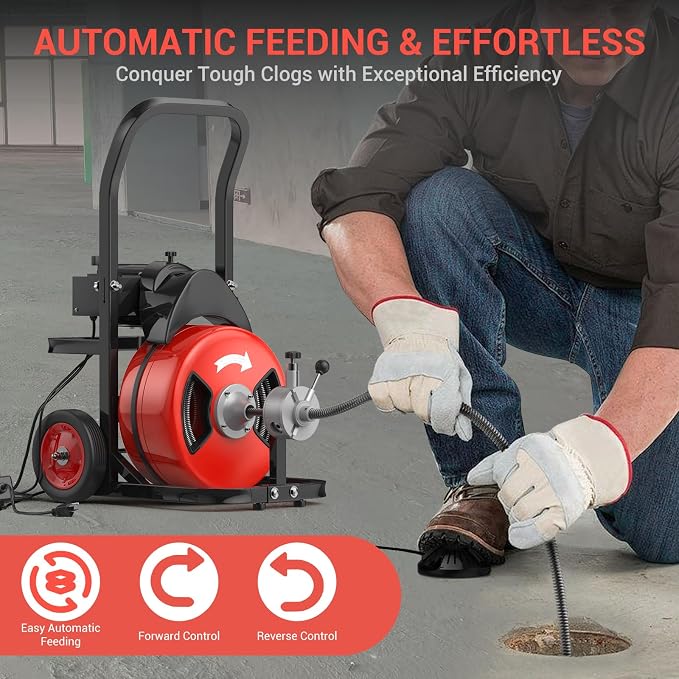 Electric Drain Cleaning Machine 100Ft 3/4 Inch, 750W Auto Feed Portable Sewer - Image 3