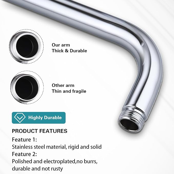 12 Inch Shower Arm with Flange, Stainless Steel 90 Degree Rain Shower Head - Image 4