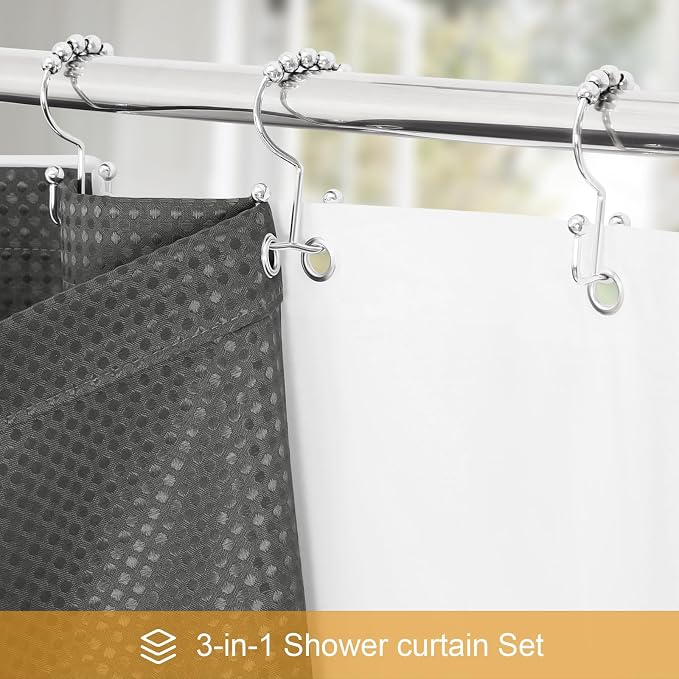 3 in 1 Shower Curtain Set, Charcoal Grey Waffle Fabric Modern Shower Curtain - Image 2