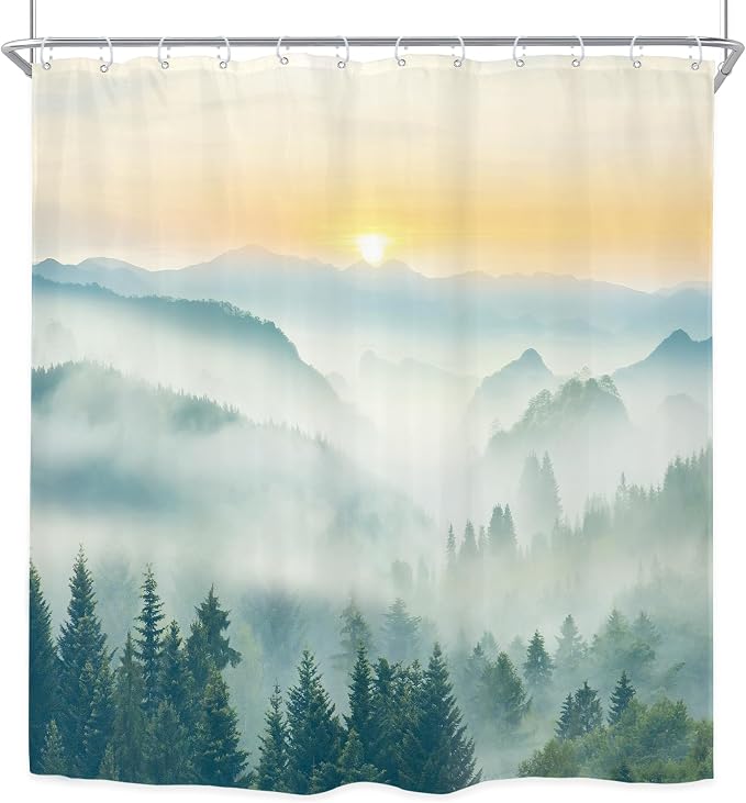 Riyidecor Mountain Shower Curtain 72Wx72H Inch Green Sunrise Sunset Scenery - Image 8