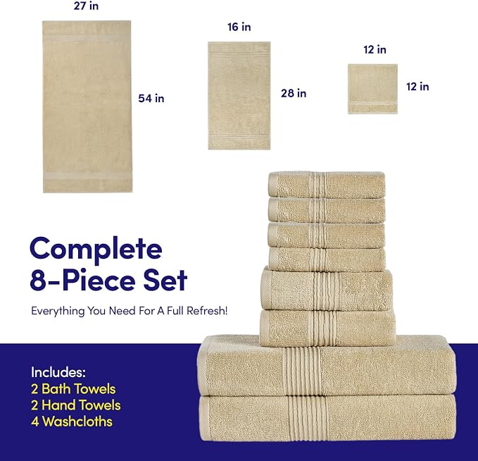Bath Towels 8 Piece Towel Set – 100% Combed Cotton – Bath + Hand + Washcloths – - Image 2