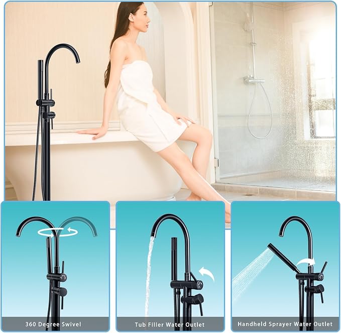 Floor Mount Bathtub Faucet，Matte Black，Freestanding Tub Faucet ，High Flow Dual - Image 2
