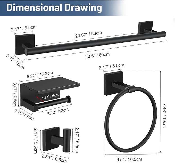 TURS 5-Pieces Matte Black Bathroom Hardware Set 23.6 Inch SUS304 Stainless - Image 7