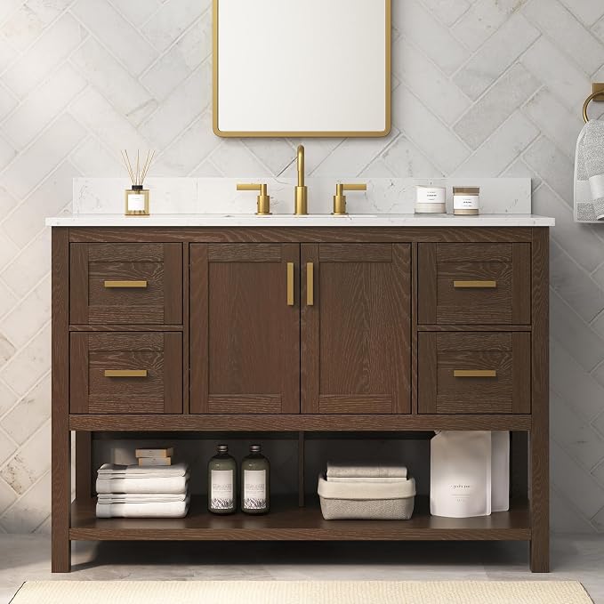 48 Inch Bathroom Vanity with Sink, Farmhouse Storage Cabinet with Drawers & by DELUXELIVING