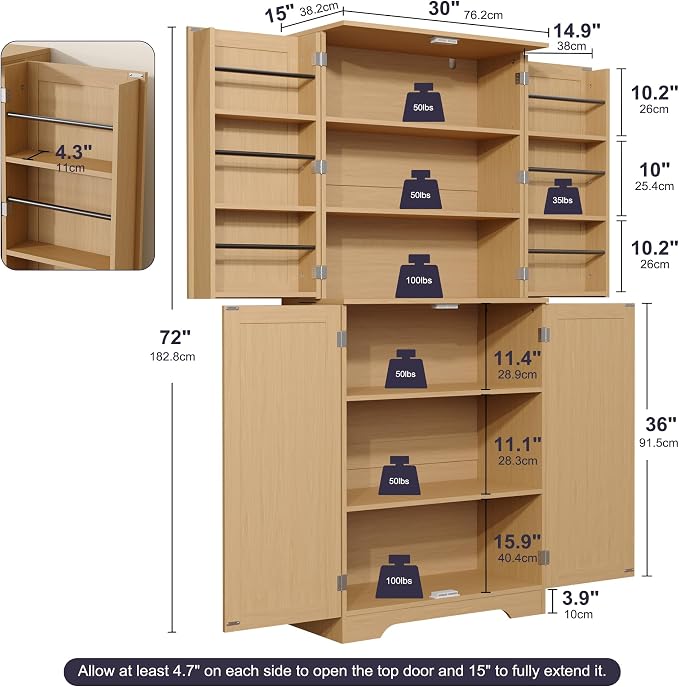 72" Tall Kitchen Pantry with Rattan Doors, Storage Cabinet with Organizer - Image 2