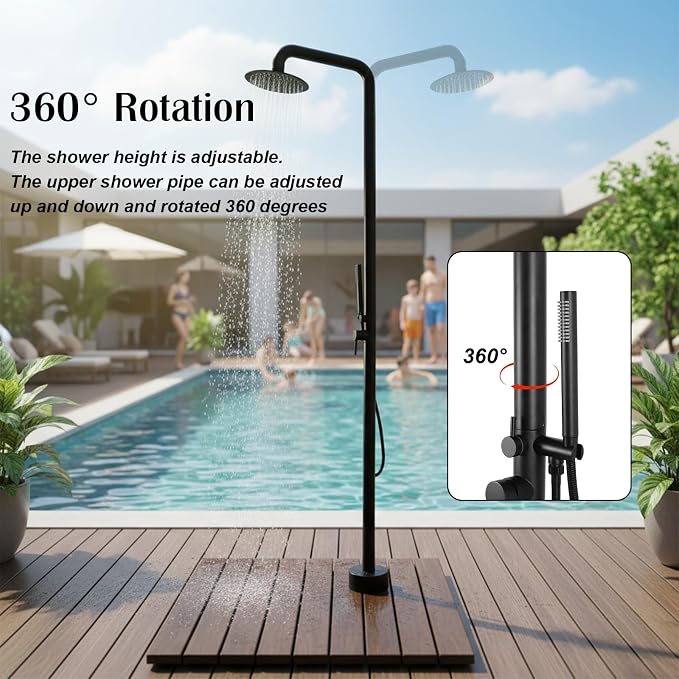 2-Function Poolside Portable Power Shower Floor Mounted Freestanding Black - Image 5