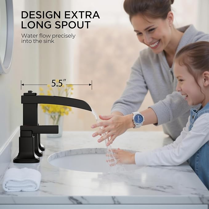 FORIOUS Brass Matte Black Commercial Bathroom Faucets 3 Hole, Waterfall Modern - Image 6