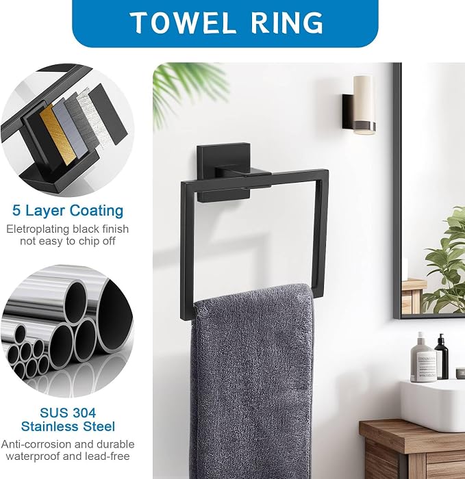 Matte Black 5 Pieces Bathroom Hardware Accessories Set Towel Bar Towel Holder - Image 3
