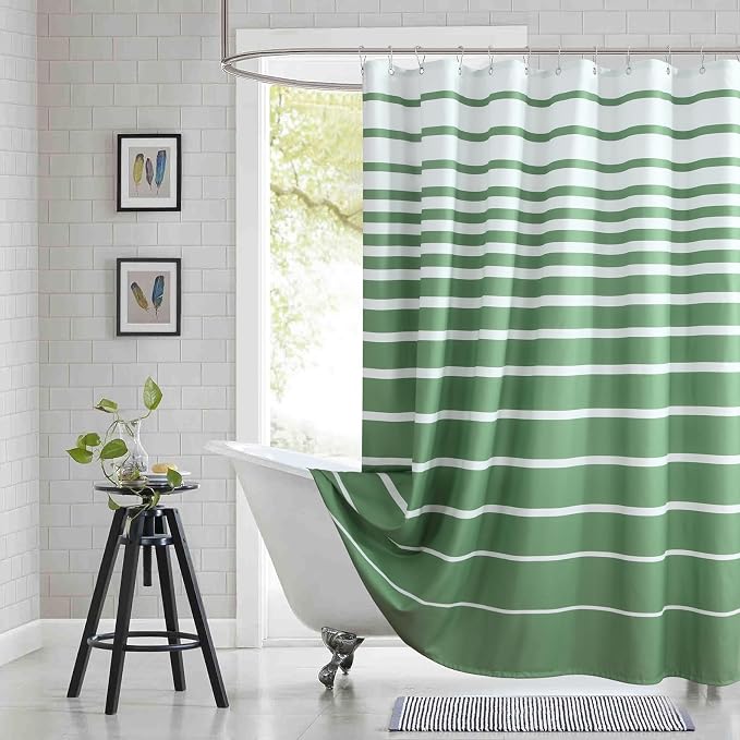 Green Shower Curtain, Sage Green and White Stripe Waterproof Polyester Shower by BESTRIPES