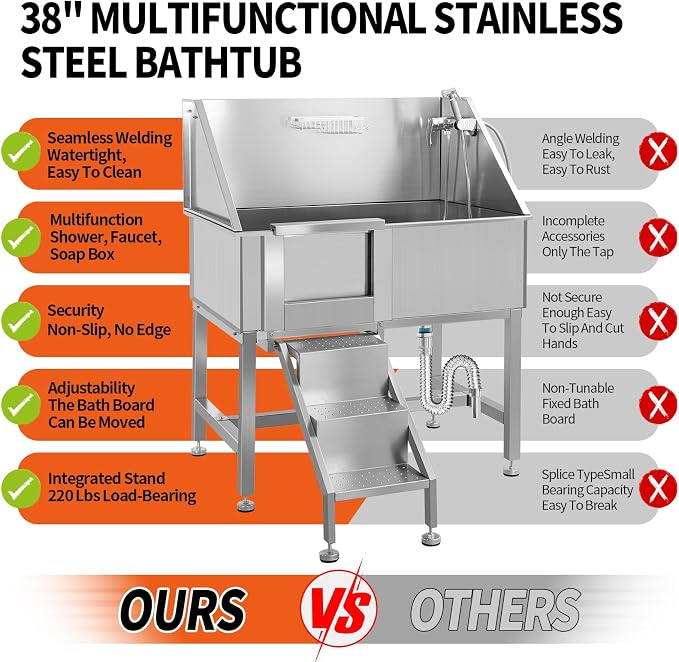38" Dog Washing Station Large Dogs Grooming Tub Professional Stainless Steel - Image 4