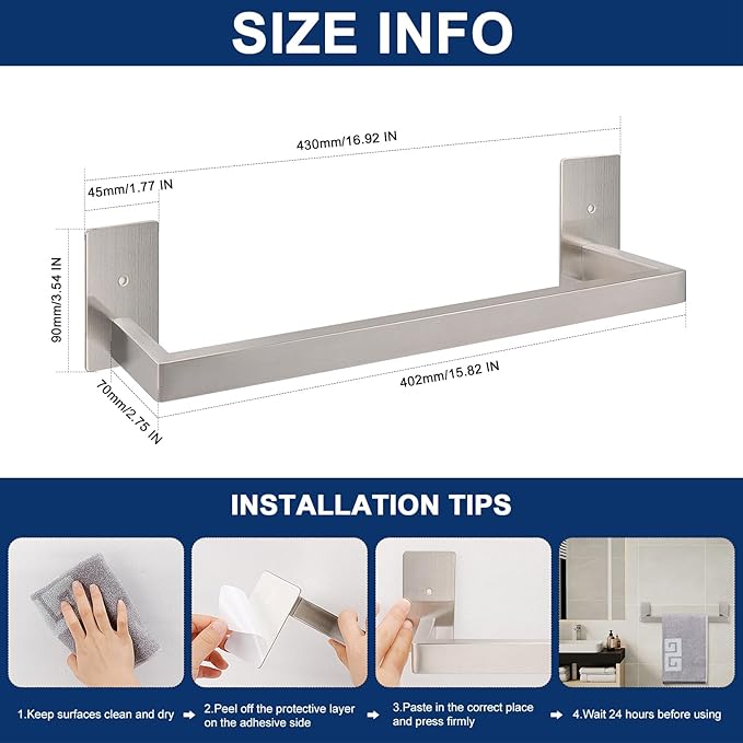 NearMoon Self Adhesive Bathroom Towel Bar, Stainless Steel Square Bath Wall - Image 2