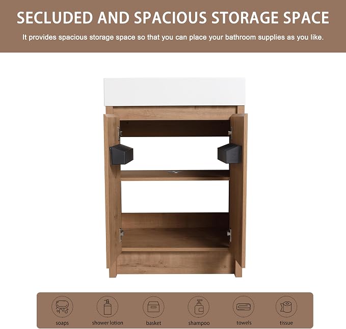 24 Inch Bathroom Vanity with Left Resin Sink, Freestanding Brown Single Sink - Image 4