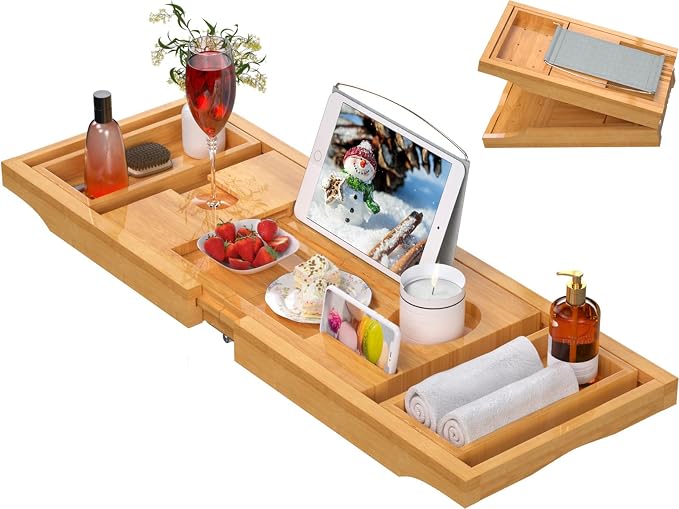 Artmalle Bathtub Caddy Tray for Tub, Foldable Bamboo Bath Table Tray by Artmalle