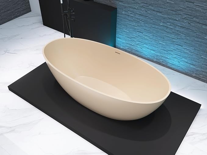 Stone Resin Freestanding Bathtub 65", Elegant Oval Shape Soaking Tub, Solid - Image 3