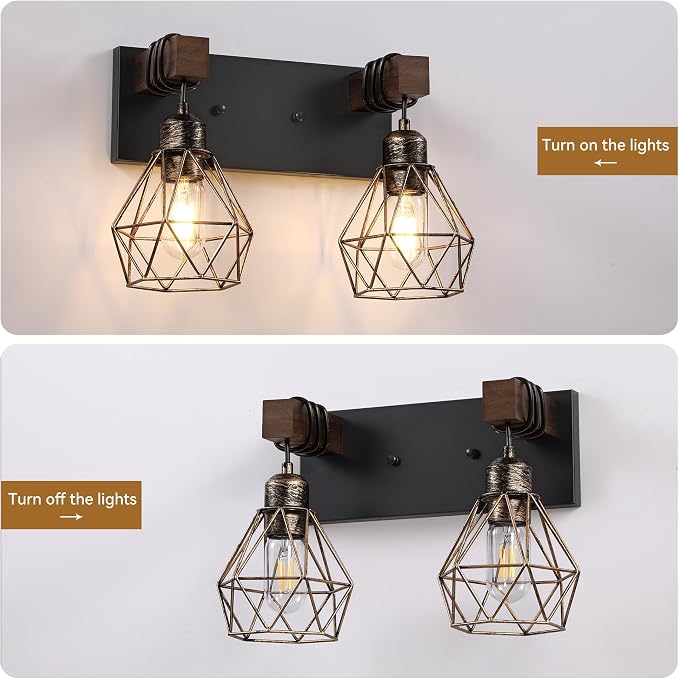 Farmhouse Vanity Light for Bathroom, 2-Light Black Gold Wood Bathroom Vanity - Image 5