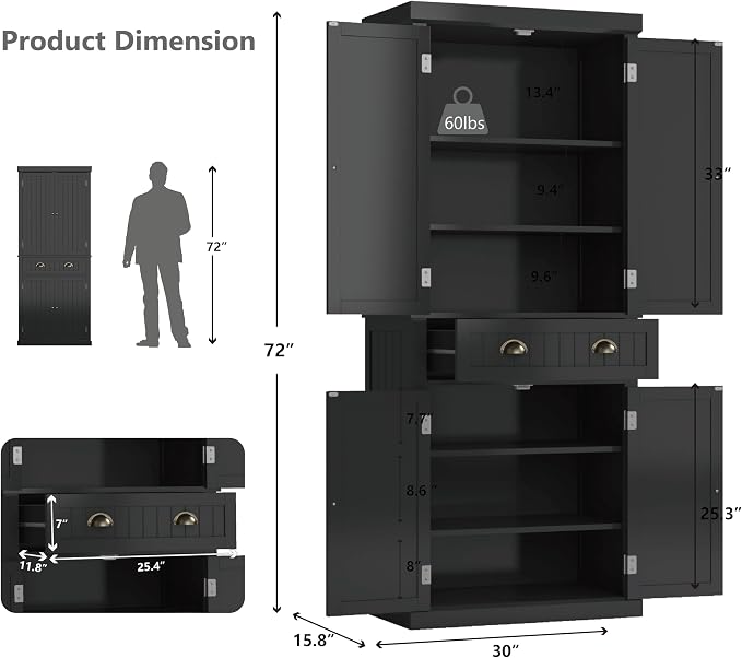 72" Kitchen Pantry, Tall Storage Cabinets - Image 3