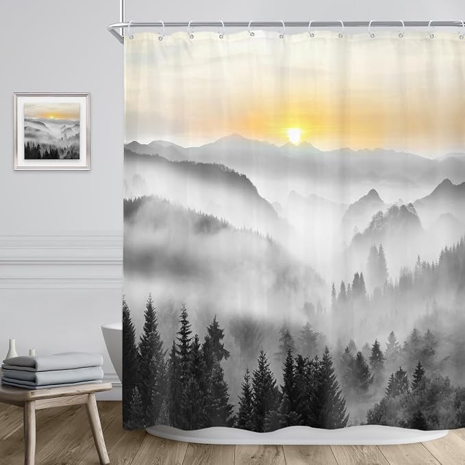 Riyidecor Misty Mountain Shower Curtain 60Wx72H Inch Sunrise Foggy Woodland - Image 3