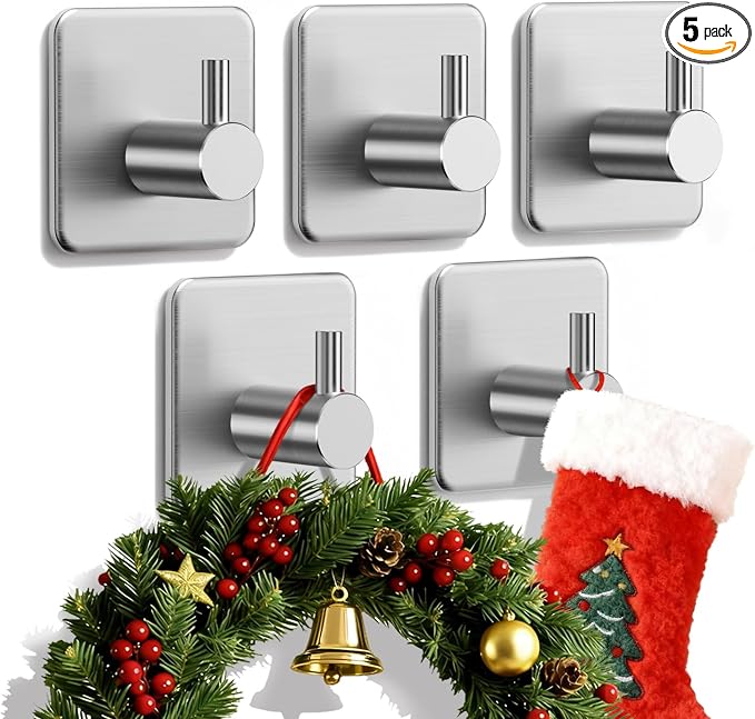 Adhesive Hooks Heavy Duty 30lb Wall Hooks, 5 Pack Damage Free Stainless Steel by Auxmir