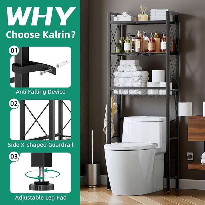 Over The Toilet Storage with X Shape Side Guardrail, 3-Tier Over Toilet Storage - Image 4