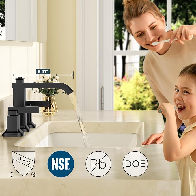 FORIOUS 3 Hole Bathroom Vanity Sink Faucet, Matte Black Waterfall Widespread - Image 2