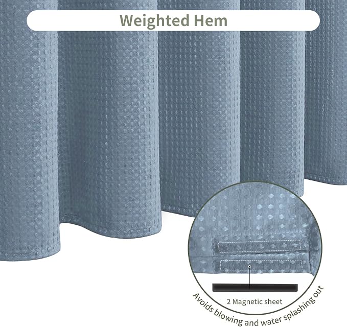 Inhousolu Fabric Shower Curtain Waffle Weave, Fog Blue 230 GSM Heavy Duty - Image 5