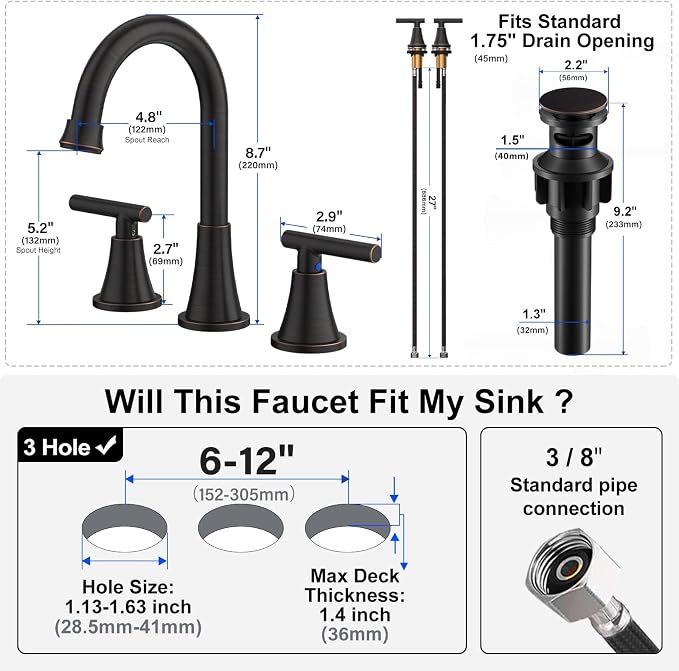 Bathroom Faucets for Sink 3 Hole, Hurran Oil Rubbed Bronze Bathroom Sink Faucet - Image 5