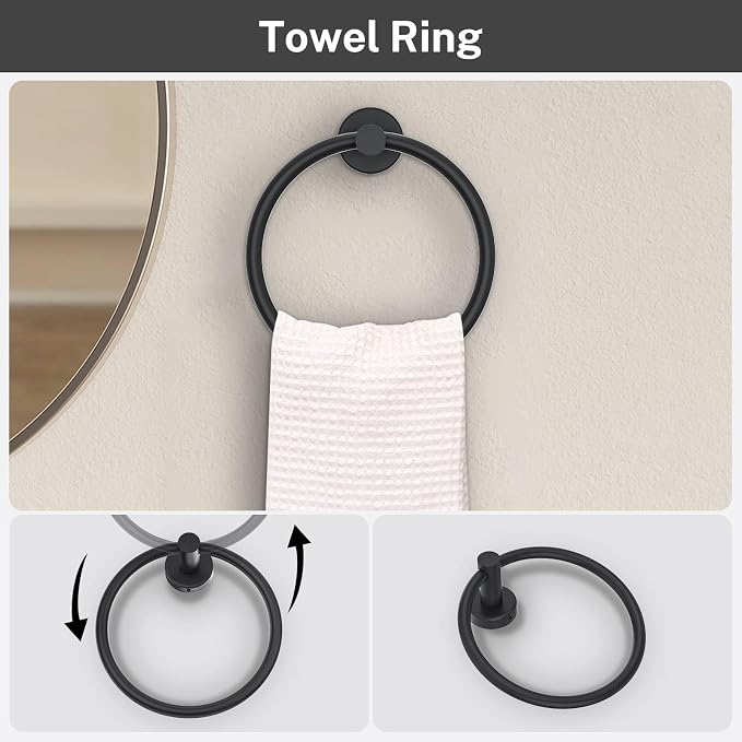 Matte Black Towel Bar Set 5 Pieces Bathroom Hardware Accessories Set Round - Image 4