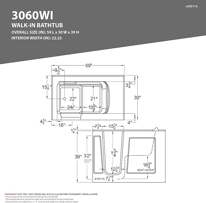 ANZZI Walk-in Tub 30" x 60" Whirlpool & Air Massage Acrylic Right Drain Quick - Image 5