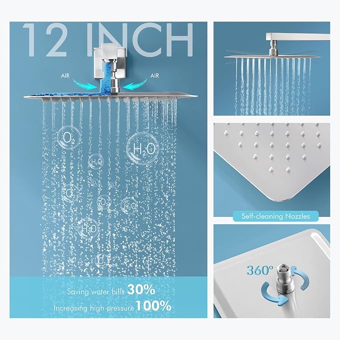 Shower System with Body Jets, Bostingner Shower Faucet Set 12" Rain Shower Head - Image 3