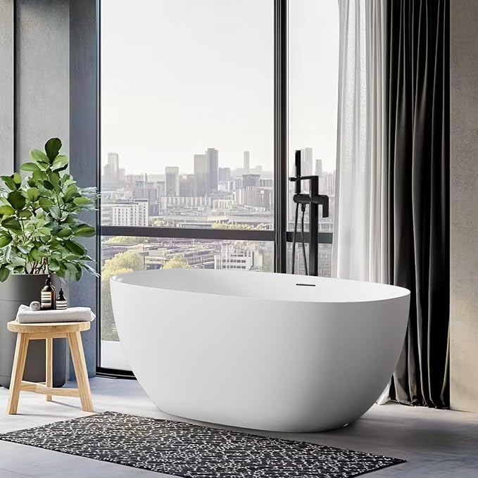 Stone Resin Freestanding Bathtubs, Soklawah 63" Solid Surface Luxury Soaking Tub - Image 2