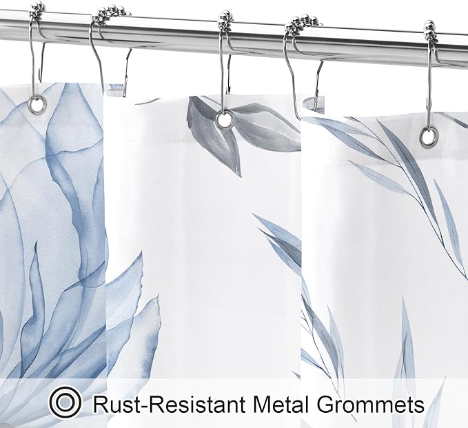 Blue and Grey Boho Watercolor Floral Shower Curtain, Ink Painting Style Blossom - Image 4