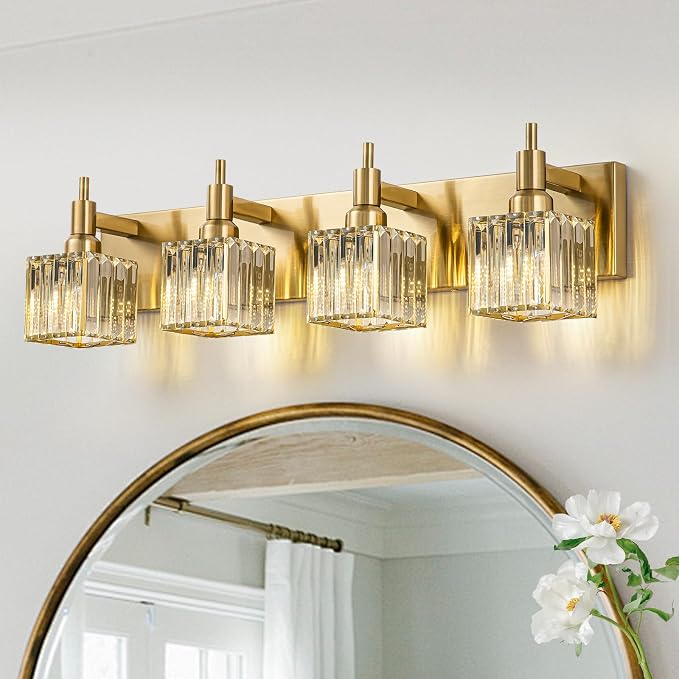 Gold Bathroom Light Fixtures, 4-Lights Crystal Bathroom Vanity Light Over by HUOKU