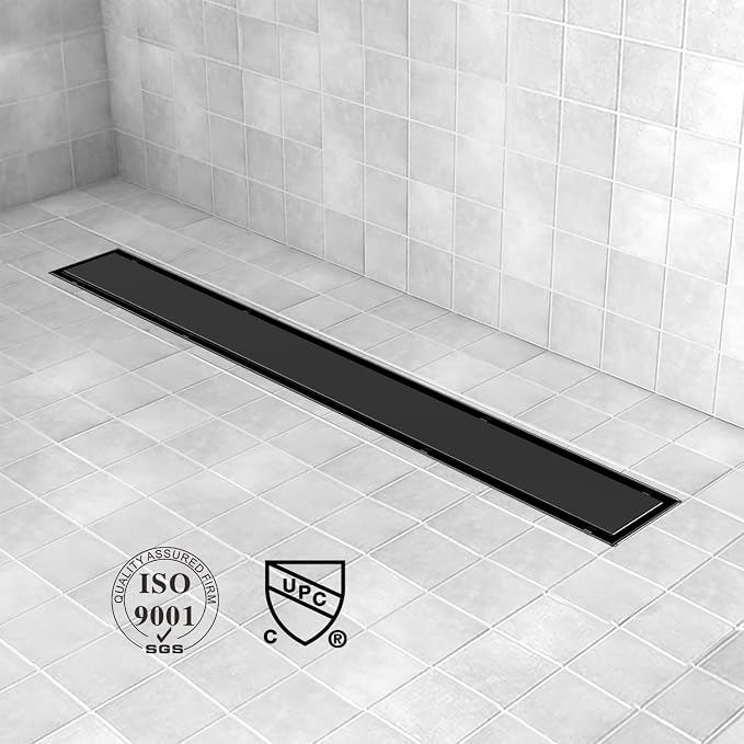 Offset Linear Shower Drain, Brushed 304 Stainless Steel Side Outlet Black Floor - Image 7