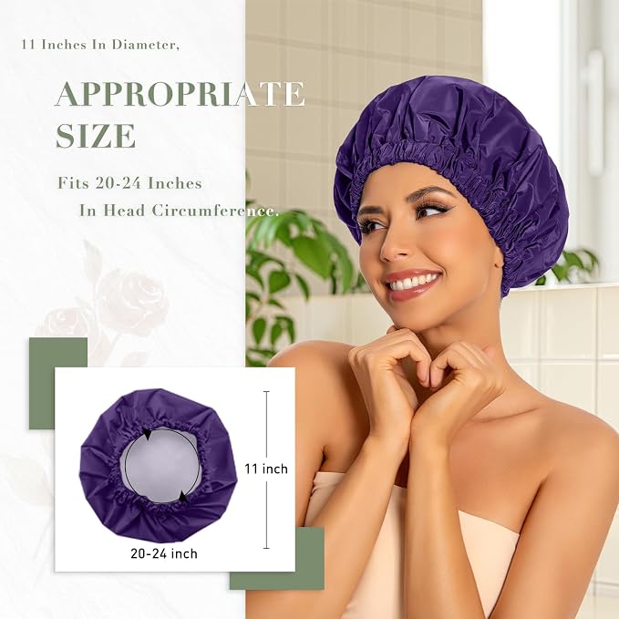 Reusable Shower Cap for Women, Large Waterproof Shower Bonnet Washable Elastic - Image 3