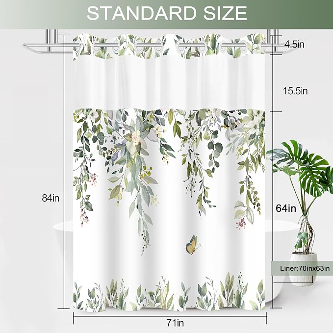 No Hook Shower Curtain and Liner Set, Sage Green Eucalyptus Floral Shower - Image 6