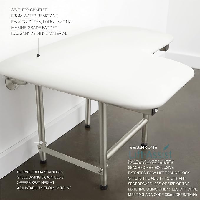 32" x 22.5" White Padded Wall Mount Folding Right-Handed Transfer Bench Shower - Image 4