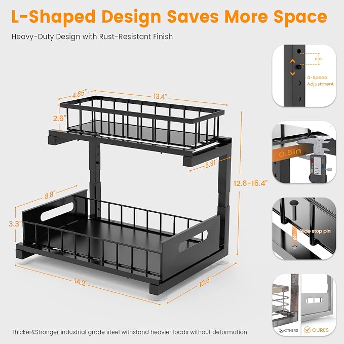 2 Pack Under Sink Organizer, Heavy Duty Metal Slide Out Sink Shelf Organizer - Image 6
