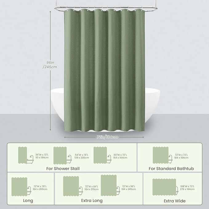 Inhousolu Fabric Shower Curtain Waffle Weave, Sage Green 230 GSM Heavy Duty - Image 6