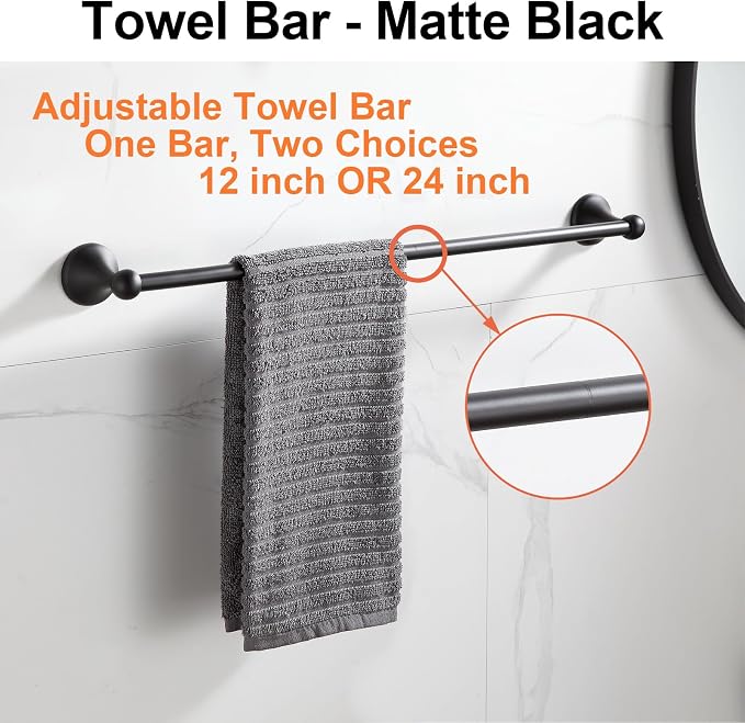 BGL Bathroom Accessory Set, Matte Black Adjustable Expandable Towel Bar 4-Piece - Image 2