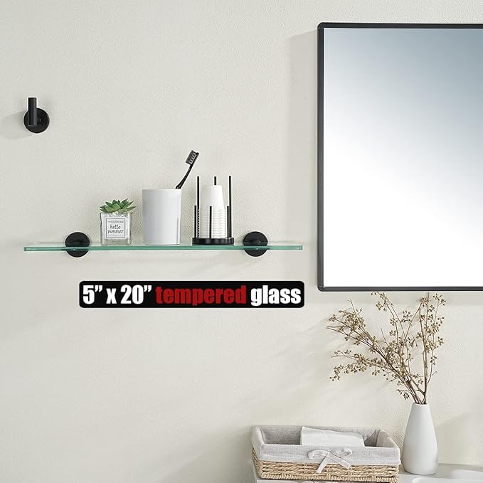 JQK Bathroom Glass Shelf Black, Tempered Glass Shower Storage 20 by 5 inches - Image 2