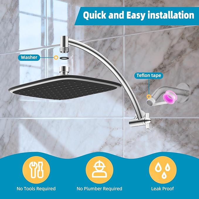 Rain Shower Head with 12" Shower Head Extension Arm, Metal Shower Head Extender - Image 6