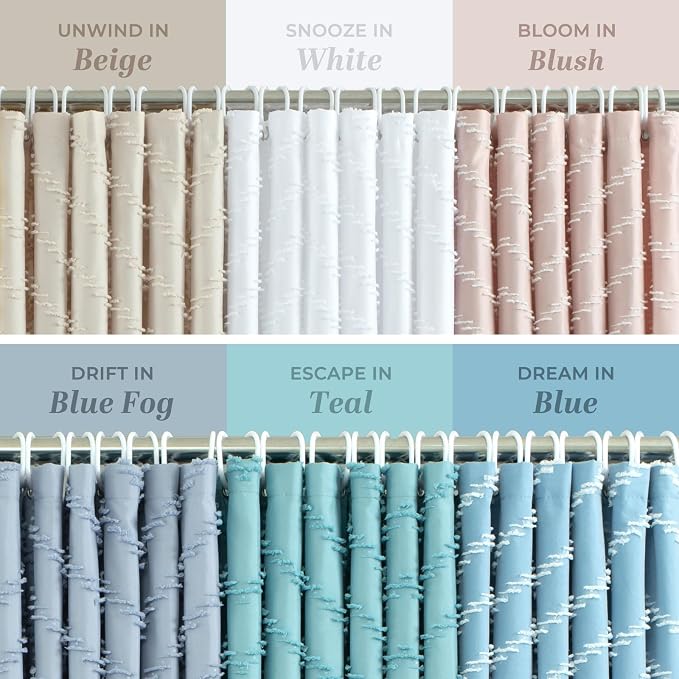 Light Blue Boho Fabric Shower Curtain Tufted Chevron Striped Textured Cloth - Image 9