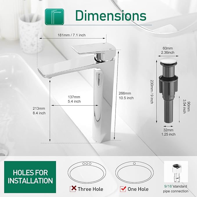VOTON Vessel Sink Faucet Single Handle Tall Bathroom Sink Faucet Chrome - Image 6